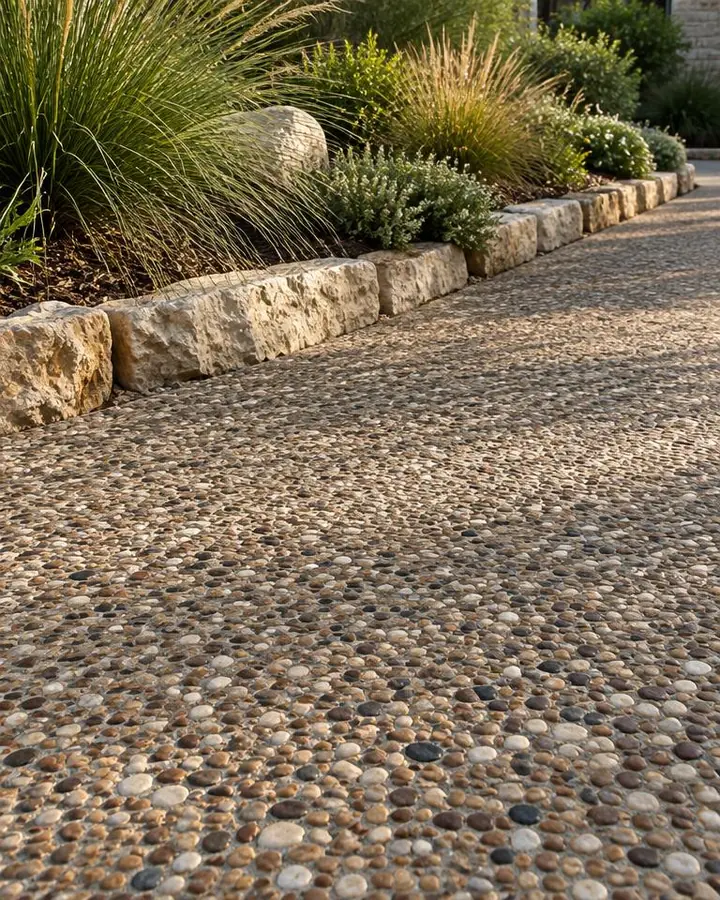 Illustrative image: close view of an exposed aggregate driveway surface with mixed river-stone tones beside a garden bed of native grasses