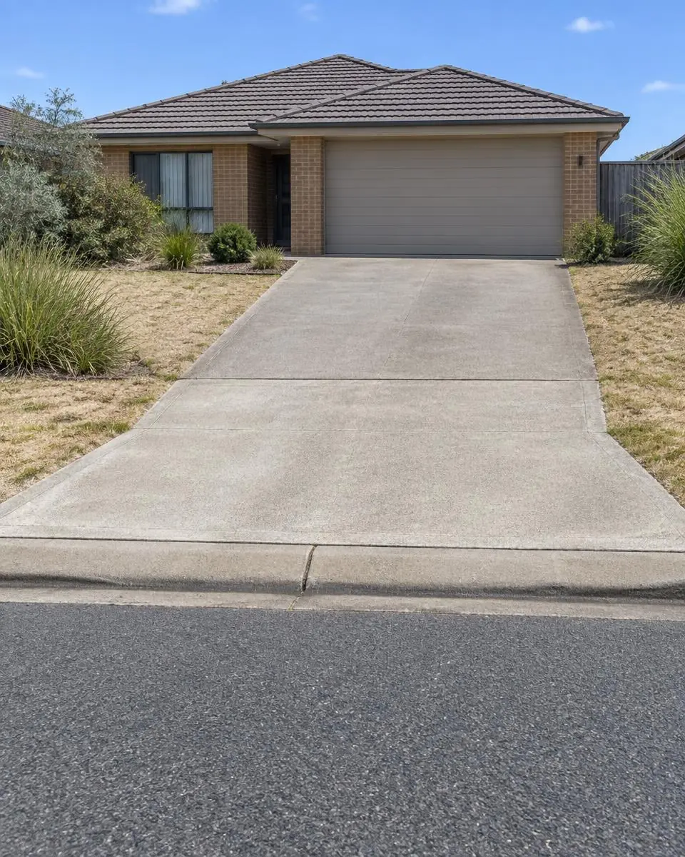Illustrative image: plain concrete driveway meeting the verge crossover and kerb at a single-storey brick home