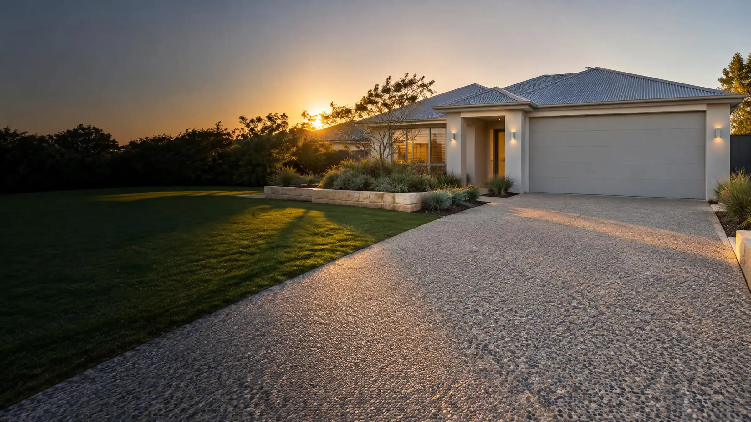 Illustrative image: wide exposed aggregate driveway leading to a single-storey rendered Perth home with a double garage and limestone garden edging in late-afternoon light
